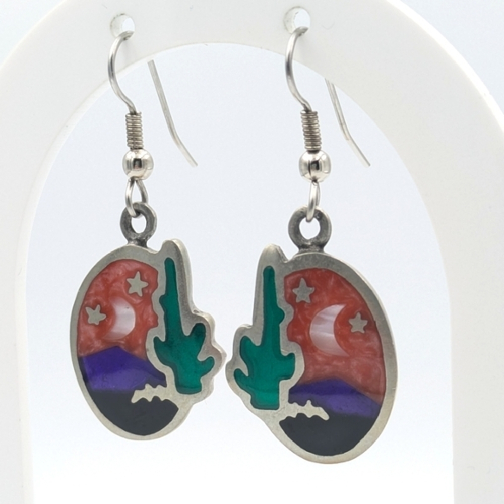 Vintage Signed Alia Mexico Desert Earrings with Cactus and moon inlay